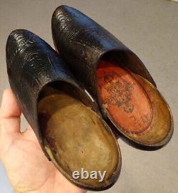 1800s Antique VICTORIAN Childs EMBOSSED LEATHER CLOGS Wood Folk Art WOODEN SHOES