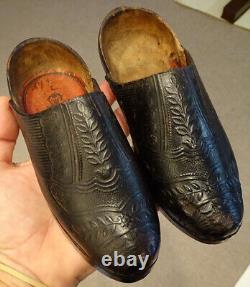 1800s Antique VICTORIAN Childs EMBOSSED LEATHER CLOGS Wood Folk Art WOODEN SHOES