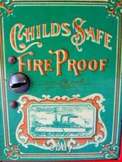 1906 Antique Victorian CHRISTMAS Metal CHILDS SAFE FIRE PROOF Tin Bank, CHEIN