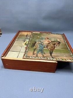 19c. Antique Victorian Wooden Puzzle Block Cubes Children Animals Dovetail Box
