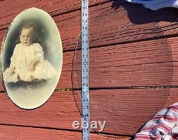 3Pc Antique Convex Bubble Glass Baby And Family Group Photos