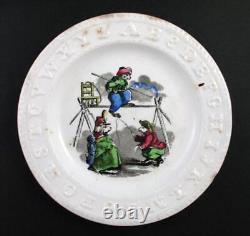 4 ABC Plates Antique STAFFORDSHIRE Children's dishes Polychrome scenes c1875
