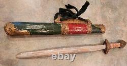ANTIQUE Toy Hand Carved & Painted Wooden VICTORIAN Child's Sword 19 With Scabbard