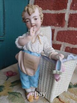 Adorable Antique Victorian Heubach Era Bisque Boy Girl Slipper Basket Figurine