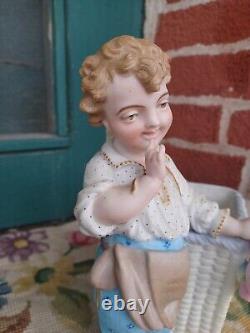 Adorable Antique Victorian Heubach Era Bisque Boy Girl Slipper Basket Figurine