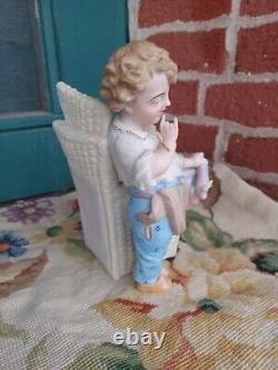 Adorable Antique Victorian Heubach Era Bisque Boy Girl Slipper Basket Figurine