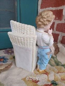 Adorable Antique Victorian Heubach Era Bisque Boy Girl Slipper Basket Figurine