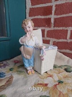 Adorable Antique Victorian Heubach Era Bisque Boy Girl Slipper Basket Figurine