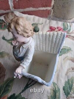 Adorable Antique Victorian Heubach Era Bisque Boy Girl Slipper Basket Figurine