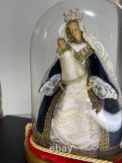 Antique 12 French Wax oval glass 19th Victorian globe dome Madonna with child