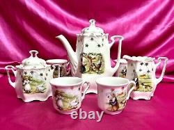 Antique 13-Piece Child Tea Set with Animal Scenes Cat Dog German Victorian 1880s