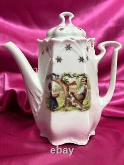 Antique 13-Piece Child Tea Set with Animal Scenes Cat Dog German Victorian 1880s