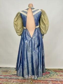 Antique 1800s Victorian Childs Dress Blue Silk Lace Balloon Sleeves Gown As Is