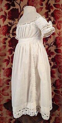 Antique 1830's Child's White Dress W Heavily Ruched Sleeves + Emb Bottom Hem