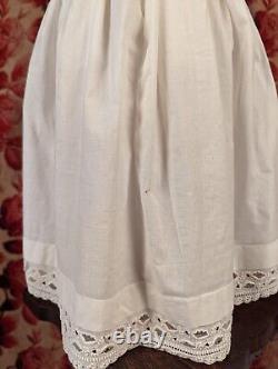 Antique 1830's Child's White Dress W Heavily Ruched Sleeves + Emb Bottom Hem