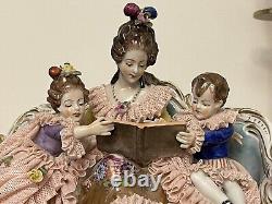 Antique 8 Dresden Volkstedt Porcelain Mother Reading To Children Almost MINT