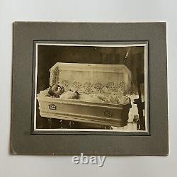 Antique Cabinet Card Photograph Post Mortem Child Open Coffin Floral Design Odd