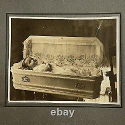 Antique Cabinet Card Photograph Post Mortem Child Open Coffin Floral Design Odd