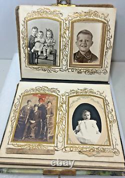 Antique Celluloid Lithograph Cover and Velvet Victorian Photo Album with Photos