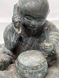 Antique Chinese Bronze Statute Child Set Beating Drum Nice Patina Heavy