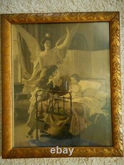 Antique Frame Gilded Acorn Angel watching children girls praying Victorian 23x19