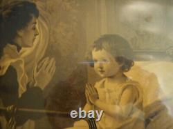 Antique Frame Gilded Acorn Angel watching children girls praying Victorian 23x19