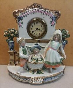 Antique German Porcelain CHILDREN & FLOWERS Statue with Working Clock GERMANY
