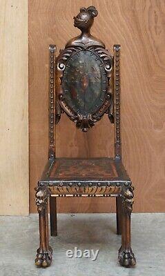 Antique Hand Carved High Back Chair Embossed Painted Armorial Crest Coat Of Arms