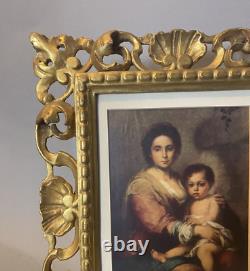 Antique Italian Carved Giltwood Victorian Frame with Madonna & Child Print