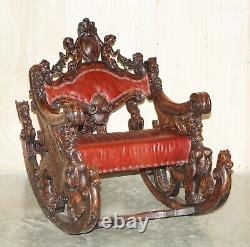 Antique Italian Circa 1850 Hand Carved Fruitwood Leather Rocking Armchair