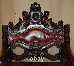 Antique Italian Circa 1850 Hand Carved Fruitwood Leather Rocking Armchair