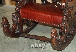 Antique Italian Circa 1850 Hand Carved Fruitwood Leather Rocking Armchair