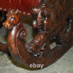 Antique Italian Circa 1850 Hand Carved Fruitwood Leather Rocking Armchair