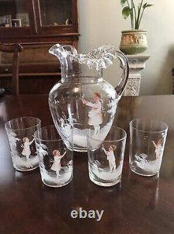 Antique Mary Gregory Set Pitcher and Four Glasses