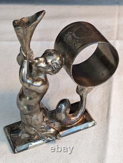 Antique Meriden Silverplate Triton Mermaid Child Trumpet Napkin Ring Holder