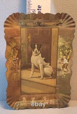 Antique Metal Tip Tray Dog with Children Playing Scalloped Edge. TT-1