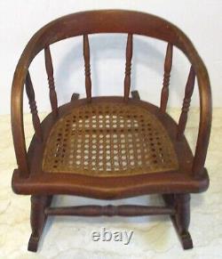 Antique Oak Curved Back Hand Woven Cane Seat Children's Rocking Chair