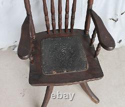 Antique Oak Youth Child's desk Chair carved Newfoundland dog in the back