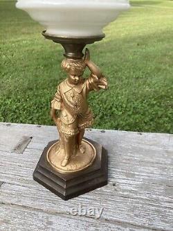 Antique Oil Lamp Figural Victorian Child, Milk Glass Tank, Metal Base, 23Tall