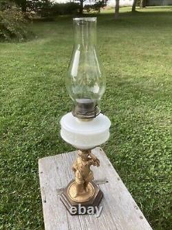 Antique Oil Lamp Figural Victorian Child, Milk Glass Tank, Metal Base, 23Tall