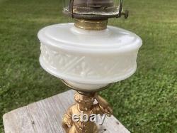 Antique Oil Lamp Figural Victorian Child, Milk Glass Tank, Metal Base, 23Tall