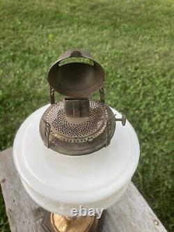 Antique Oil Lamp Figural Victorian Child, Milk Glass Tank, Metal Base, 23Tall