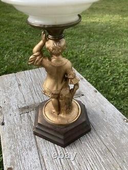 Antique Oil Lamp Figural Victorian Child, Milk Glass Tank, Metal Base, 23Tall