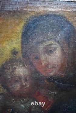 Antique Painting Oil Canvas Icon Virgin Child Jesus Christian Religion Rare 18th