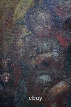 Antique Painting Oil Canvas Icon Virgin Child Jesus Christian Religion Rare 18th