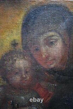 Antique Painting Oil Canvas Icon Virgin Child Jesus Christian Religion Rare 18th
