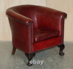 Antique Pair Of Claw & Ball Feet Leather Club Tub Armchairs Chippendale Cushions