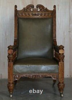 Antique Pair Of Ornately Carved Oak Framed Leather Victorian Throne Armchairs