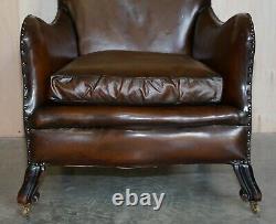 Antique Pair Of Restored Victorian Cigar Brown Leather Armchairs Carved Legs