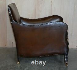 Antique Pair Of Restored Victorian Cigar Brown Leather Armchairs Carved Legs